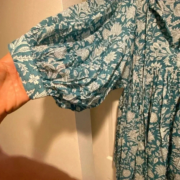 Daughters of India Women’s Dress Flowing Pleated Print turquoise Teal Cotton S - Picture 3 of 11